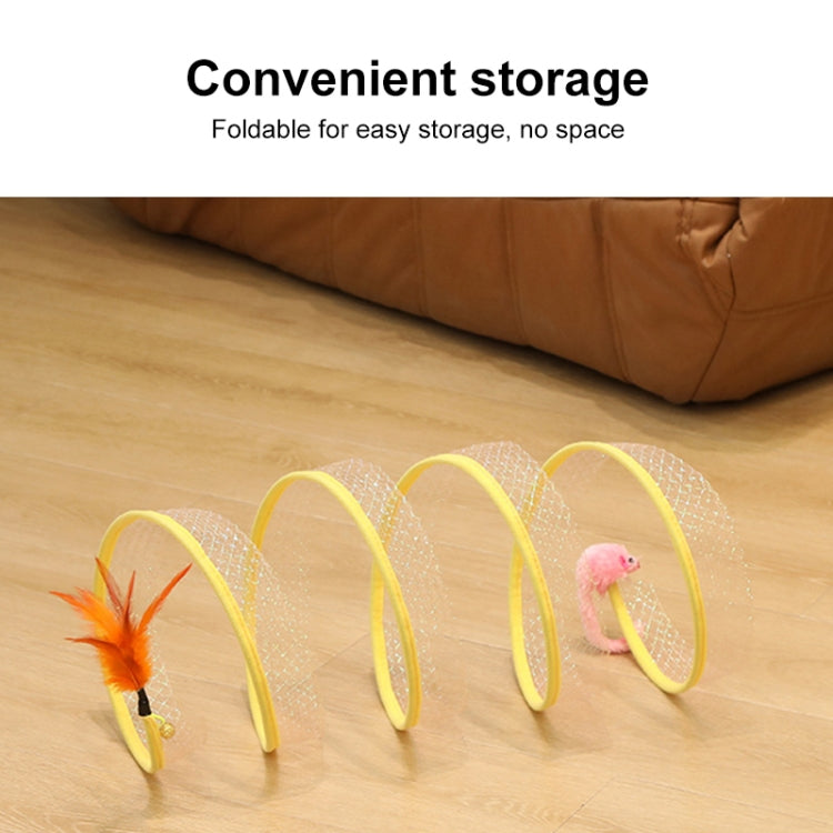 Foldable cat tunnel toy with yellow spring coils, feather lure, and pink mouse