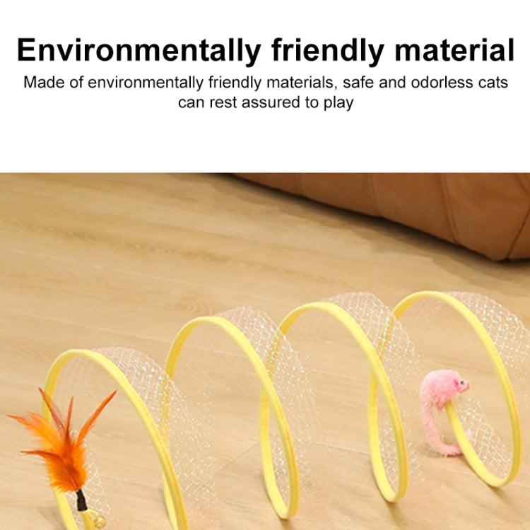 Foldable cat tunnel toy with yellow spring coils and feather and pink mouse lures