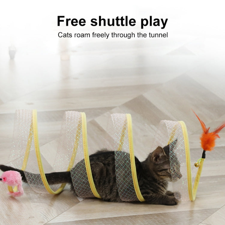 Cat playing in foldable S-shaped cat tunnel with yellow spring coils and dangling lures