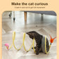 Cat exploring foldable S-shaped cat tunnel with yellow spring coils, feather, and pink mouse