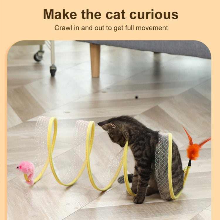 Cat exploring foldable S-shaped cat tunnel with yellow spring coils, feather, and pink mouse