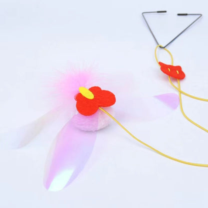 Retractable cat teaser stick with red-and-yellow flower plush and purple wings