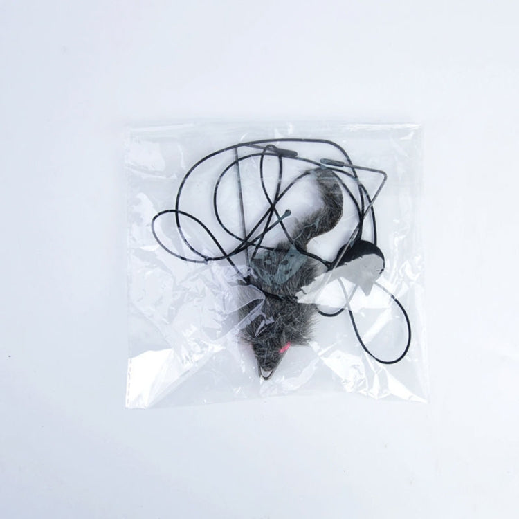 Retractable cat teaser stick with gray mouse plush and black elastic cord