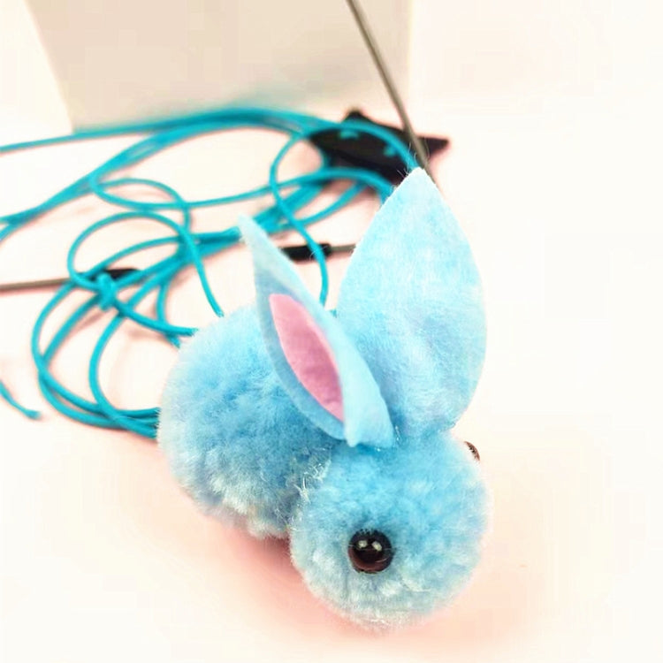 Retractable cat teaser stick with blue mouse plush and teal elastic cord