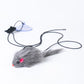 Retractable cat teaser stick with dark gray mouse plush and black elastic cord