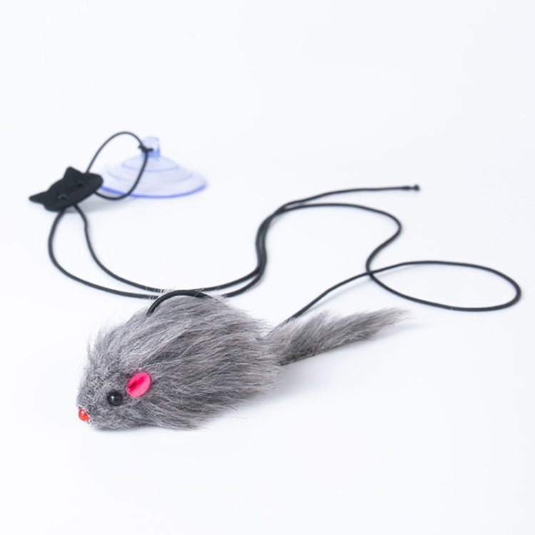 Retractable cat teaser stick with dark gray mouse plush and black elastic cord
