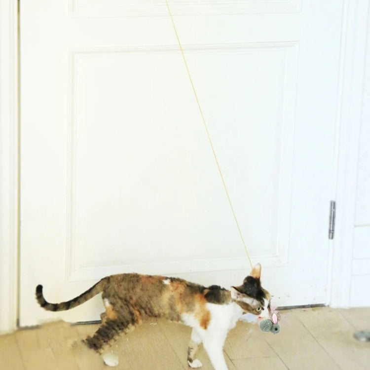 Retractable cat teaser stick with mouse plush at floor level on a hanging cord