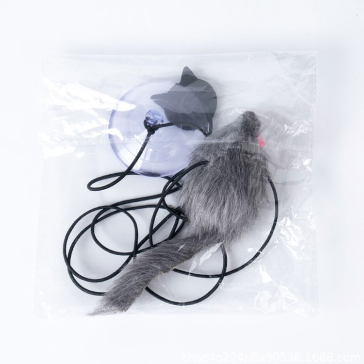 Retractable cat teaser stick with gray furry dangling toy and black cord