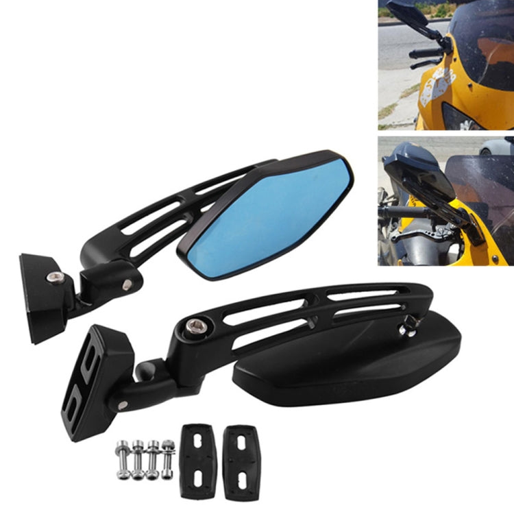 Pair of black motorcycle rearview mirrors with blue reflective lenses and mounting parts