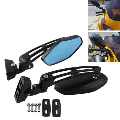 Pair of black motorcycle rearview mirrors with blue reflective lenses and mounting parts