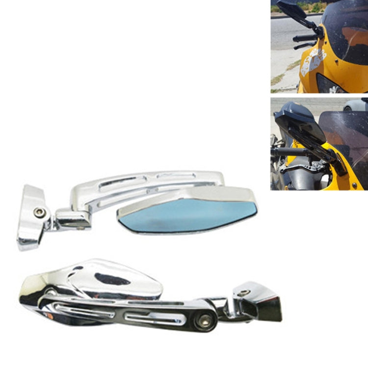Chrome and black motorcycle rearview mirrors with blue reflective lenses and bracket hardware