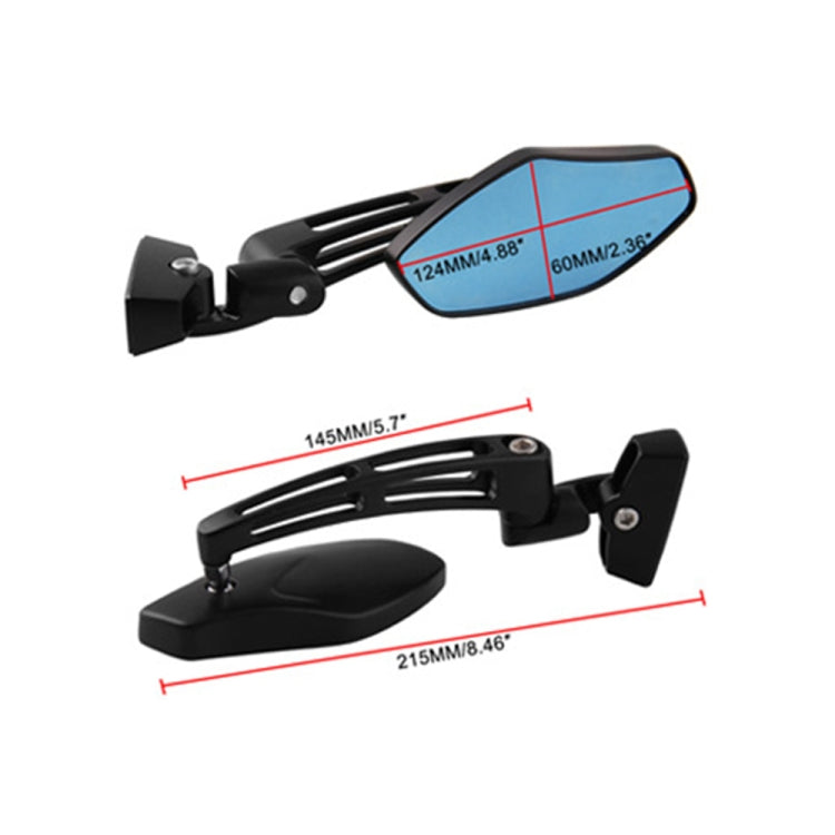 Black motorcycle rearview mirror pair with blue reflective lenses; size markings shown