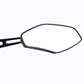 Close-up of black motorcycle rearview mirror with blue reflective glass and frame
