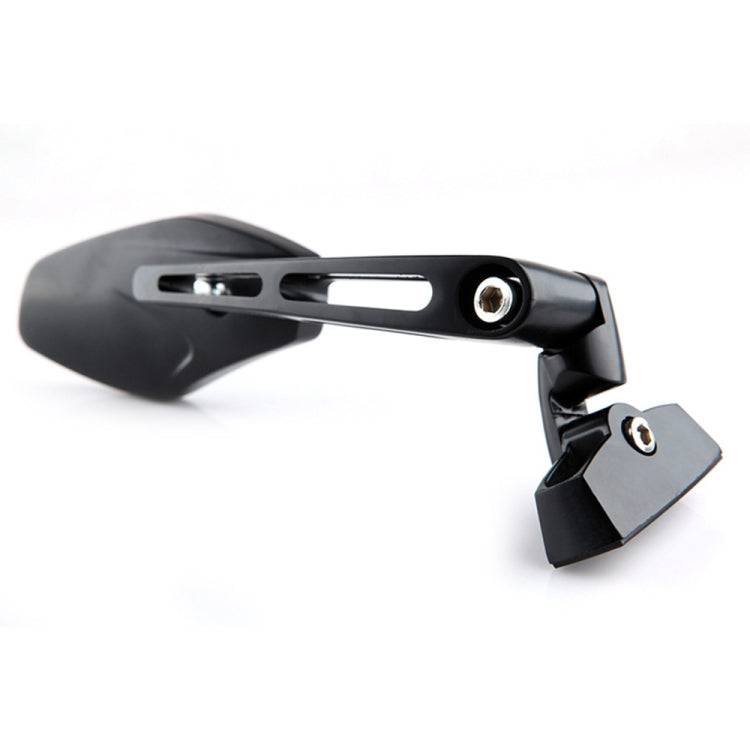 Angled view of black motorcycle rearview mirror set with blue reflective lenses
