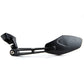 Side view of black motorcycle rearview mirrors with blue reflective lens and stem mount