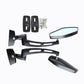 Black motorcycle rearview mirror pair with blue lenses, back plates, and bolt hardware