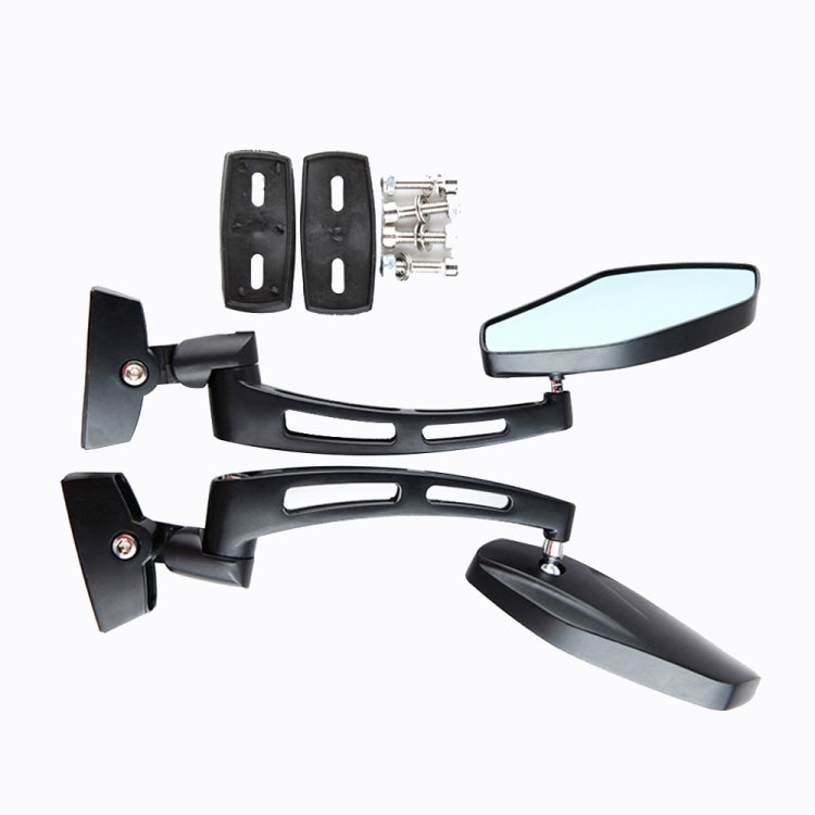 Black motorcycle rearview mirror pair with blue lenses, back plates, and bolt hardware
