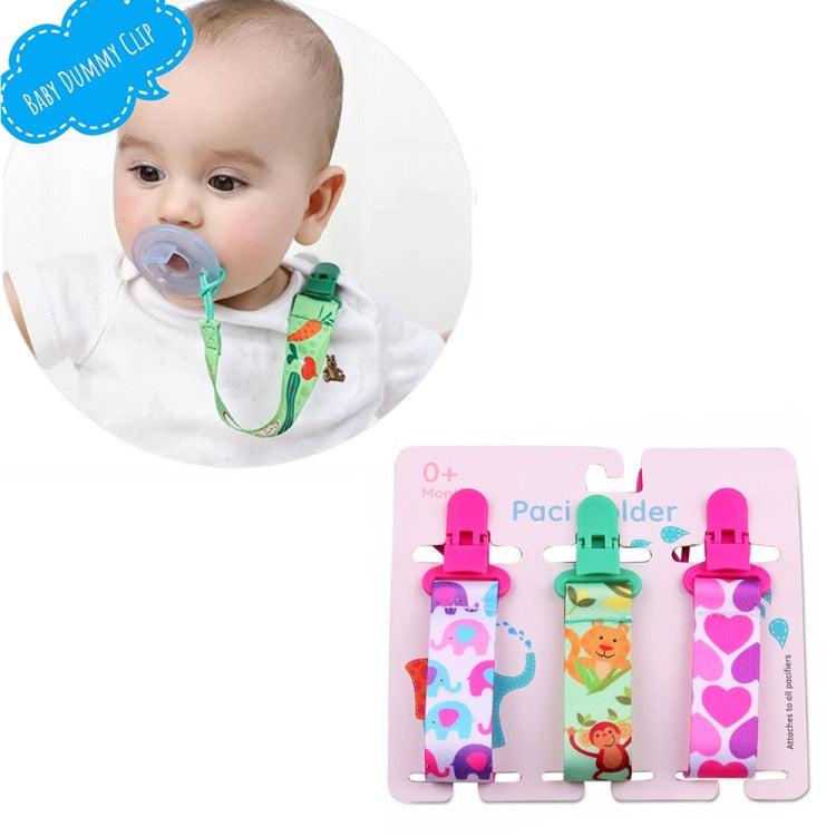 Baby pacifier clip and teething toy chain with green strap and colorful patterned dummy