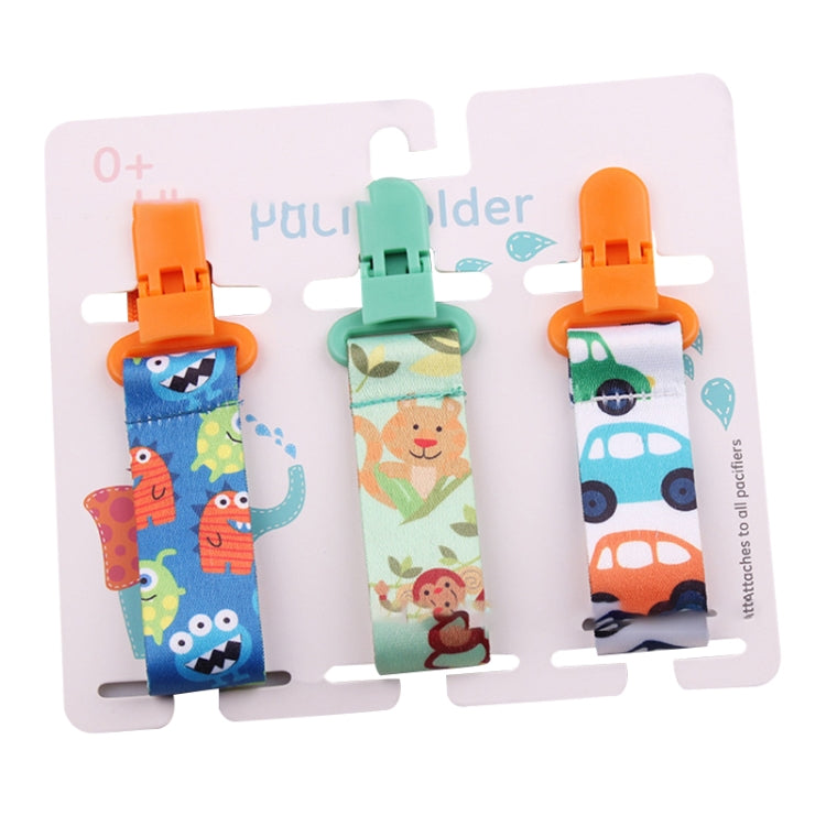 Set of 3 pacifier clips on card: orange and green tops with animal and vehicle straps