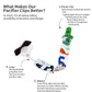 Pacifier clip and teether strap set showing plastic clip, ribbon, and loop details
