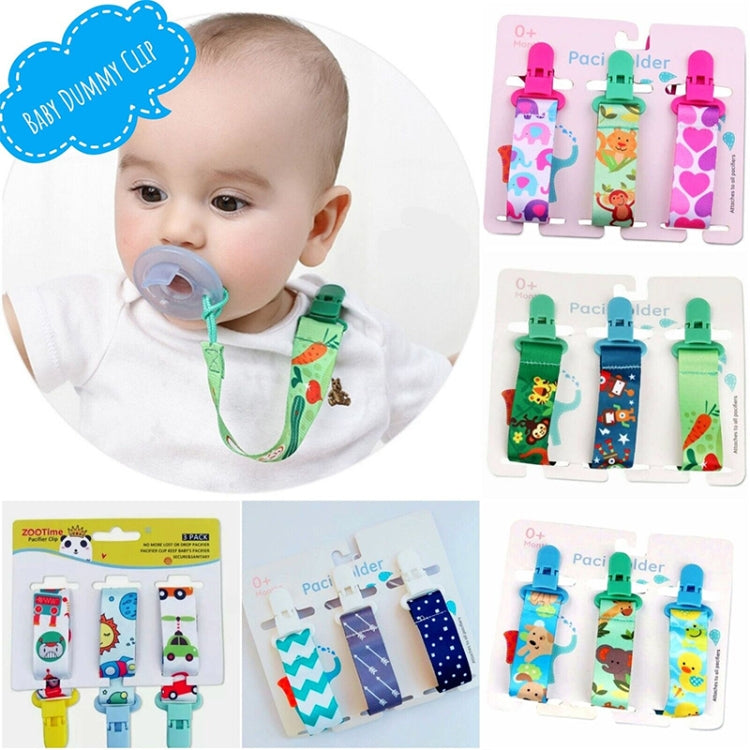 Pacifier clip teether strap 3-pack shown in assorted colors with animal and cartoon prints
