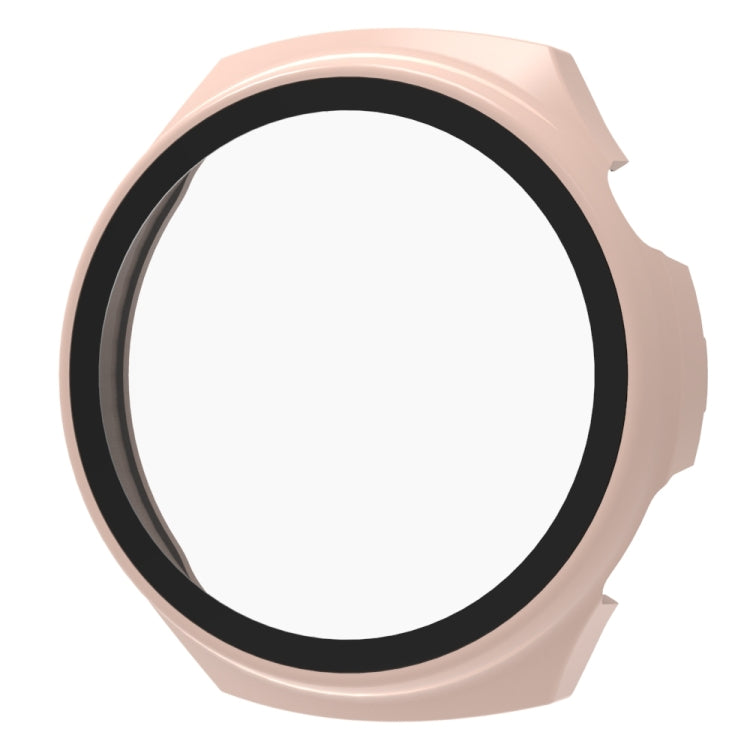 Pink tempered watch protective case with black bezel ring and raised edges