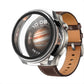 Silver PC watch protective case with tempered film, viewed with brown leather strap