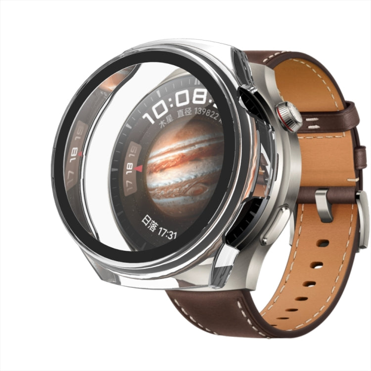 Silver PC watch protective case with tempered film, viewed with brown leather strap