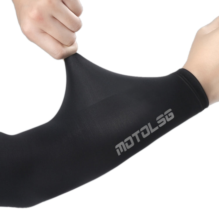 Black sunscreen ice sleeve with gray MOTOSLG logo printed on the arm