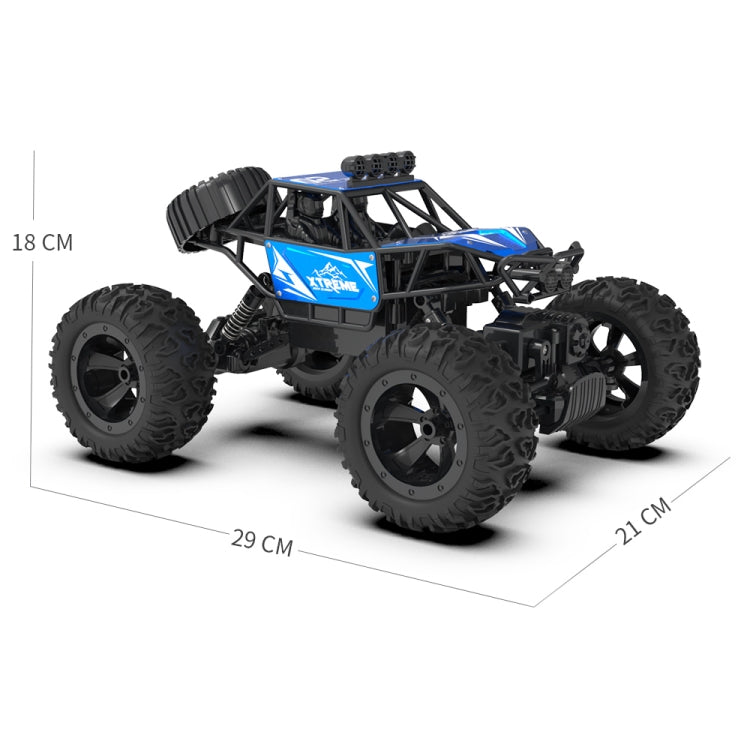Blue and black RC climbing truck with roll cage, front bumper, and four all-terrain tires