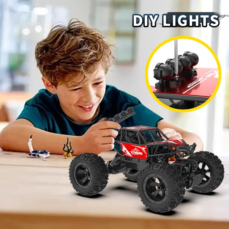 Blue and black RC climbing truck toy with big tires and open roll-cage frame
