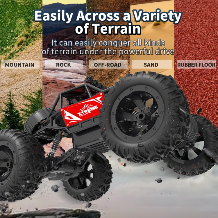Blue and black RC climbing truck with large tires posed on mixed outdoor terrain