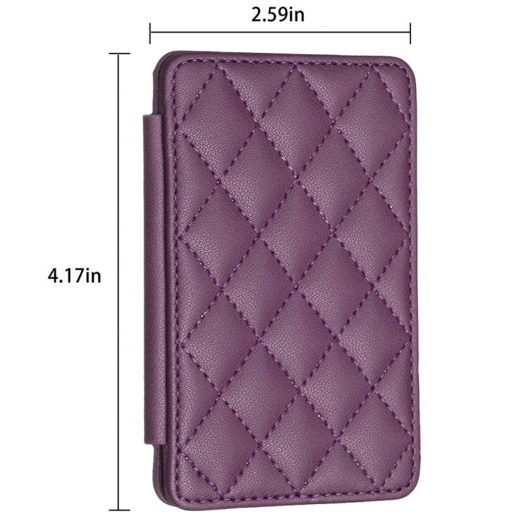 Purple phone card holder back sticker with diamond-quilt design, side strap tab