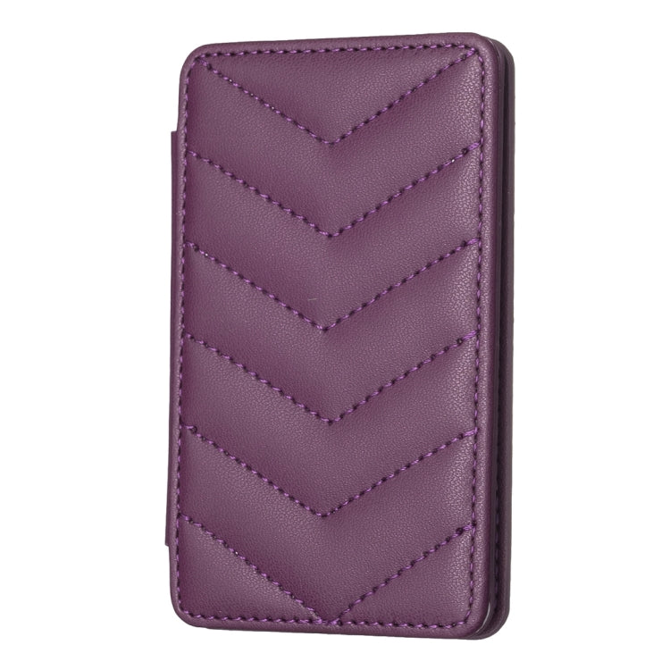 Purple wave-pattern phone card holder with chevron stitching and stitched edges.
