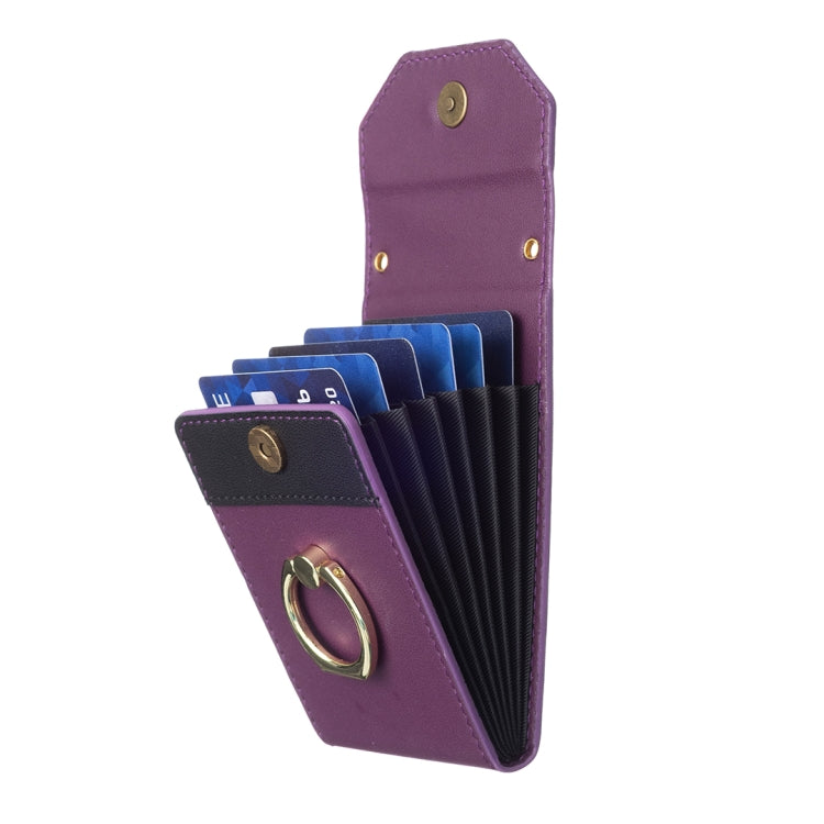 Purple phone card holder wallet with gold ring loop and visible card slots