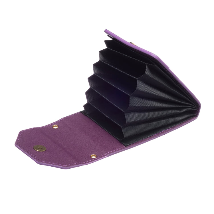 Purple phone card holder wallet with fold-out card slots and gold button accents
