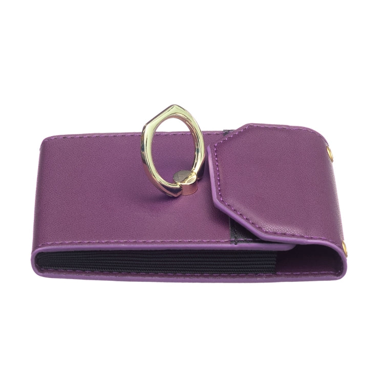 Purple phone back card holder with top flip flap and gold ring loop