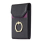 Black phone back card holder with purple trim and gold ring loop
