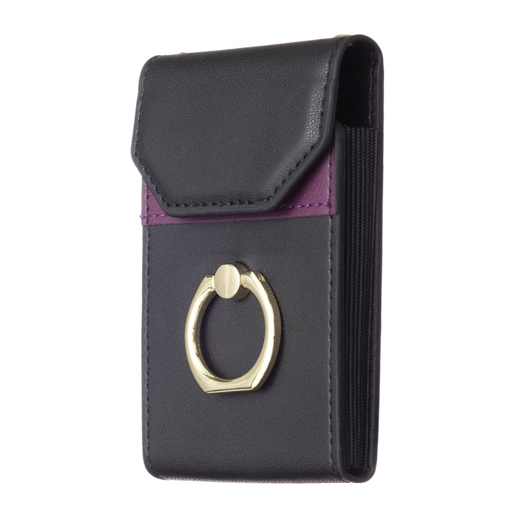 Black phone back card holder with purple trim and gold ring loop