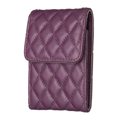 Purple quilted vertical card holder with flap, compact phone back sticker wallet