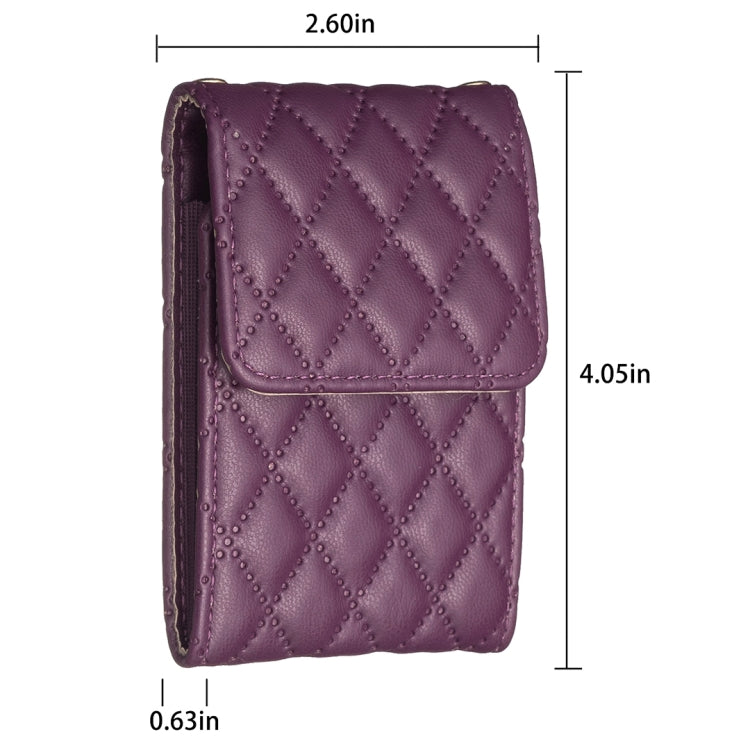 Purple quilted vertical card holder wallet with front flap and slim back