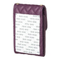 Purple quilted phone card holder with flap; printed interior pattern on back