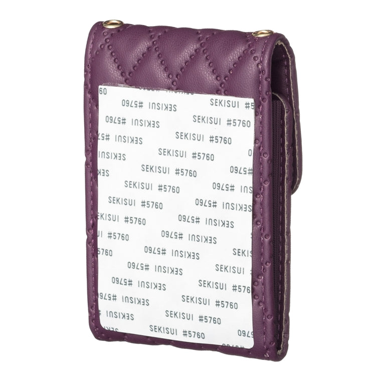 Purple quilted phone card holder with flap; printed interior pattern on back