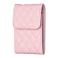 Pink quilted vertical card holder with front flap and textured diamond stitching