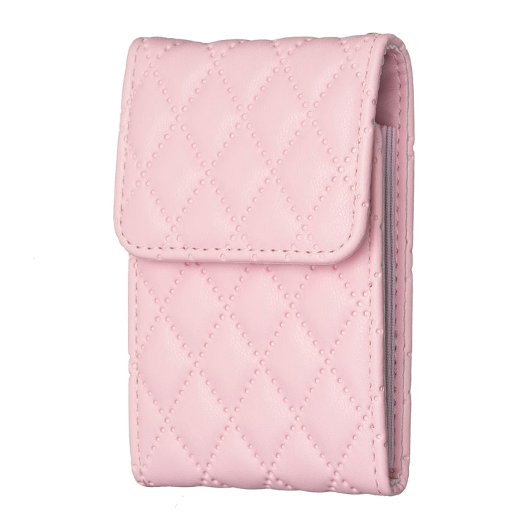 Pink quilted vertical card holder with front flap and textured diamond stitching