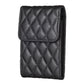 Black quilted vertical card holder with front flap and diamond stitched texture