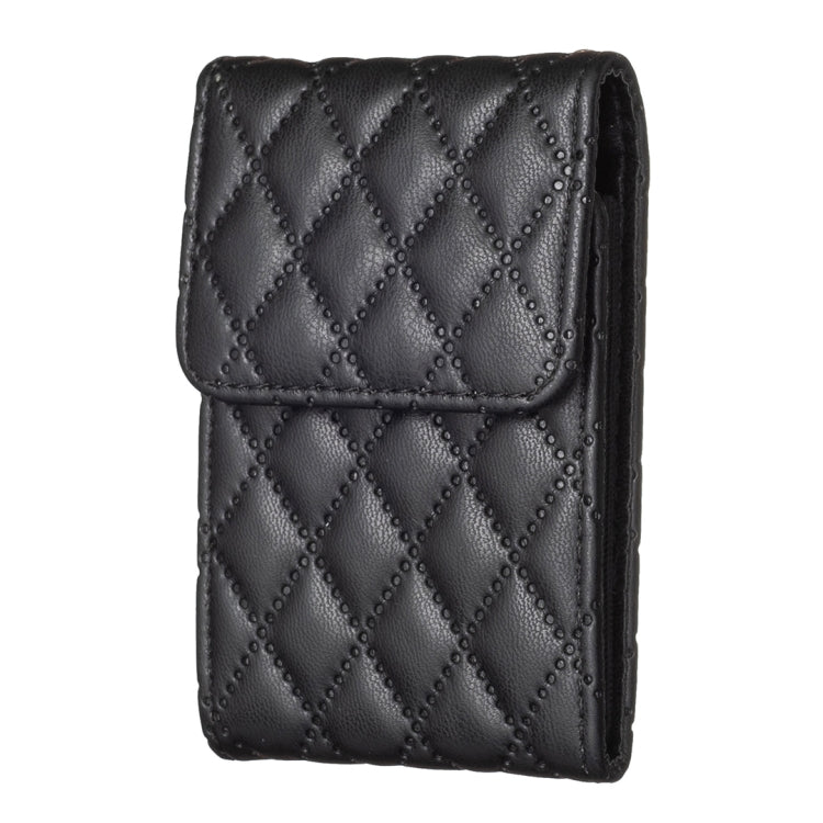 Black quilted vertical card holder with front flap and diamond stitched texture