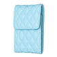 Light blue quilted vertical card holder with front flap and diamond stitched texture