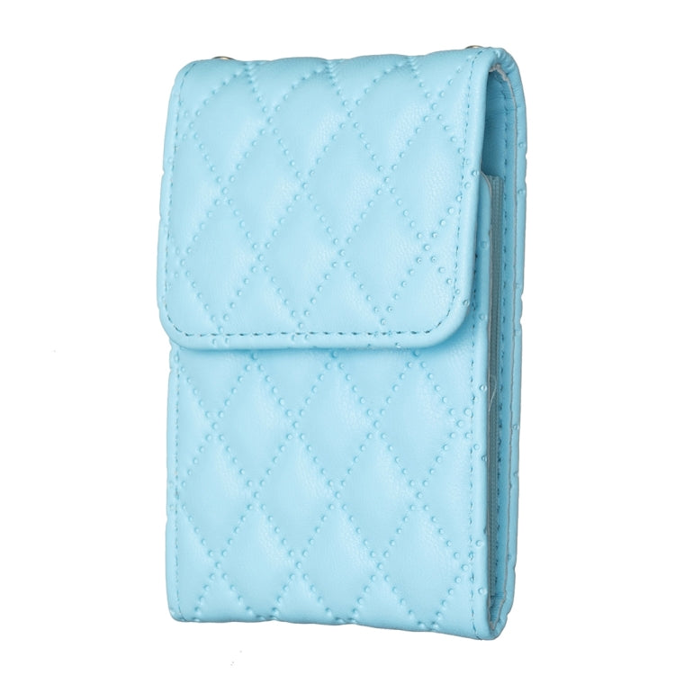 Light blue quilted vertical card holder with front flap and diamond stitched texture