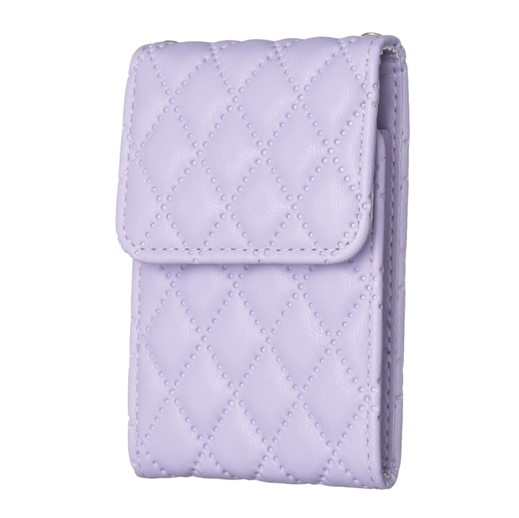 Lavender quilted vertical card holder with front flap and textured diamond stitching